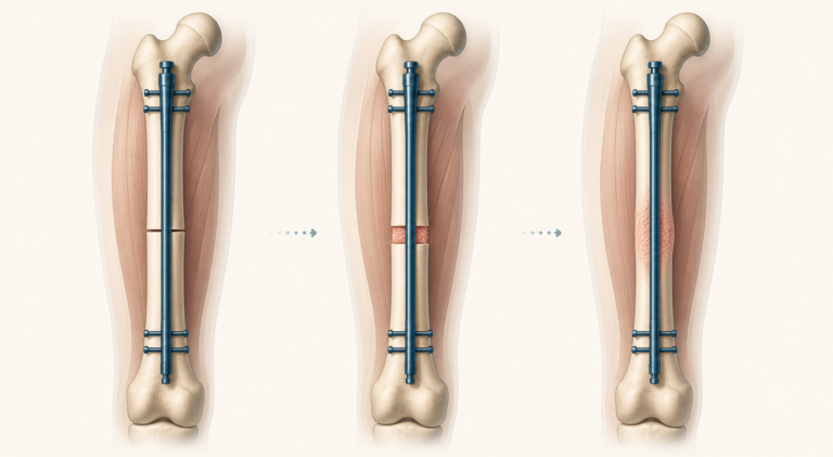 Conceptual three-stage illustration of osteotomy, gradual distraction and bone consolidation around an internal lengthening nail
