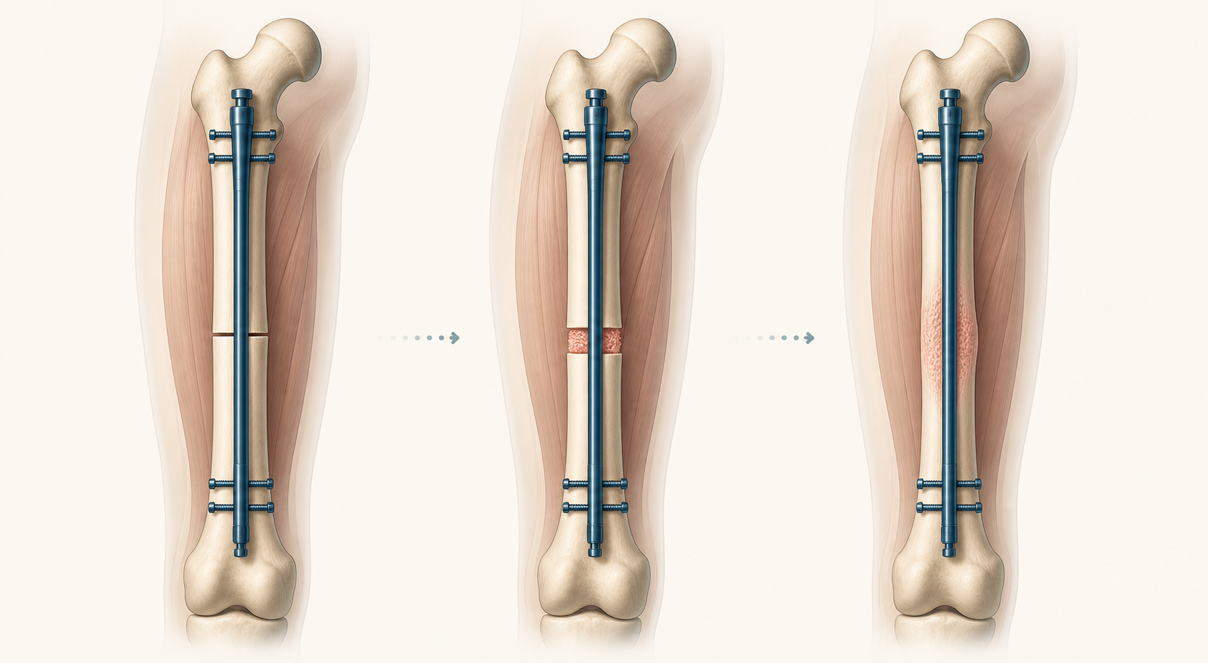 Conceptual three-stage illustration of an osteotomy, gradual distraction with new bone forming, and later consolidation around an internal lengthening nail