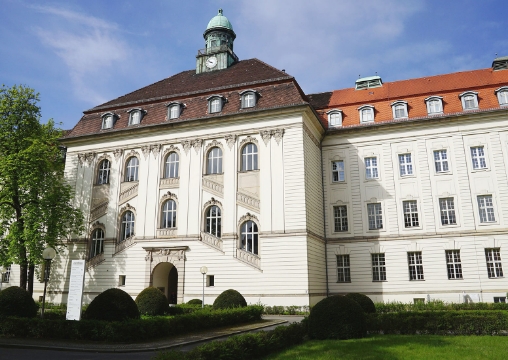 Historic building and gardens at Charité Campus Virchow-Klinikum in Berlin.