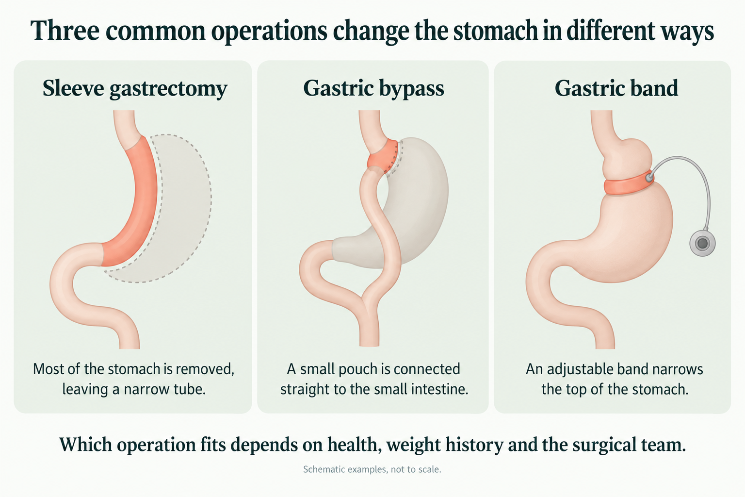Schematic: how sleeve gastrectomy, gastric bypass and a gastric band change the stomach